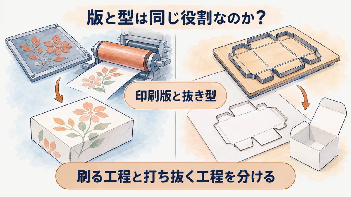 化粧箱の版と抜き型の役割を分けた図