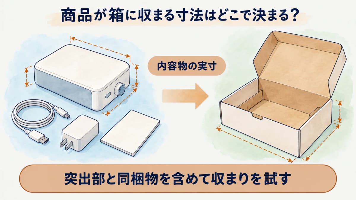 内容物と化粧箱の寸法を分けて示す図