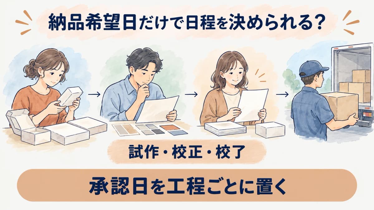 試作・校正・校了・納品の日付を分けた図